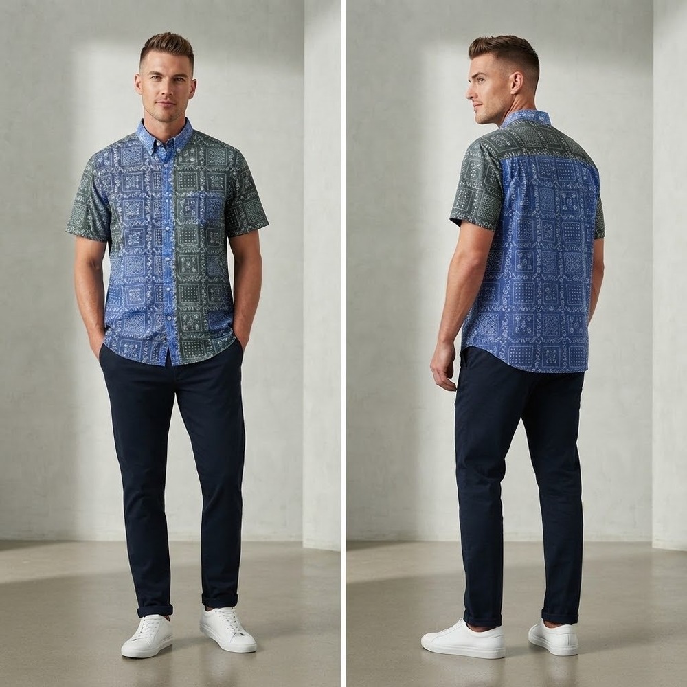 Reyn Spooner Mens XL Tailored Fit Bandana Patchwork Short Sleeve Shirt Blue